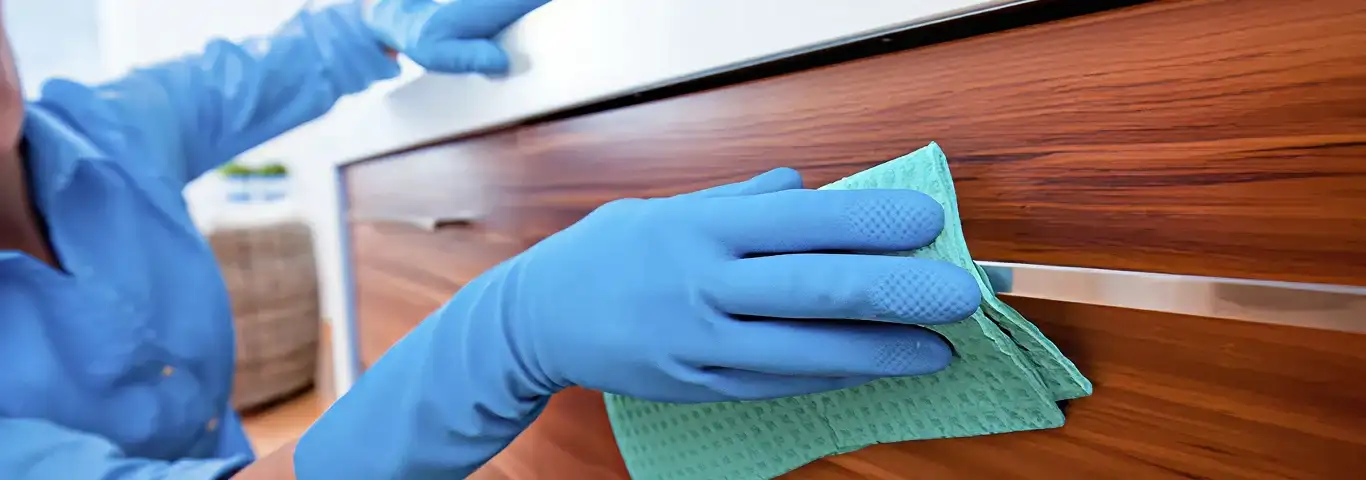 Cleaner wearing blue gloves wiping a wooden cabinet drawer with a microfiber cloth for dust and grime removal, Orlando, FL.