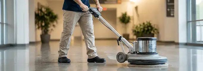 Professional technician using an industrial floor buffer to polish and maintain shiny commercial flooring in a corporate hallway in Orlando, FL.