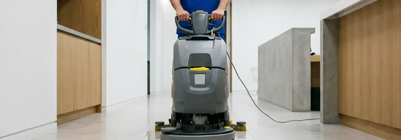 Janitorial staff using a floor scrubber machine to clean a commercial hallway, Orlando, FL.