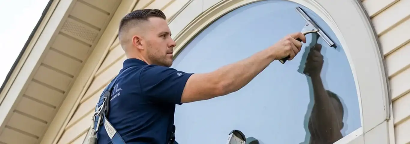 Professional window cleaner using a squeegee to clean an exterior arched window on a home, Orlando, FL.