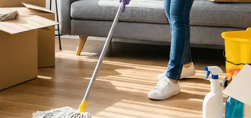 Move-out cleaning setup with a cleaner mopping hardwood floors near moving boxes and cleaning supplies, Orlando, FL.