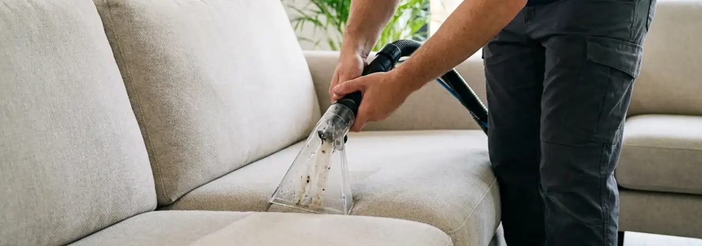 Technician extracting dirt and moisture from a fabric sofa with an upholstery cleaning wand, Orlando, FL.