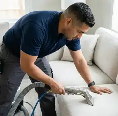 Professional upholstery cleaning technician using an extraction wand to deep-clean a fabric sofa, Orlando, FL.