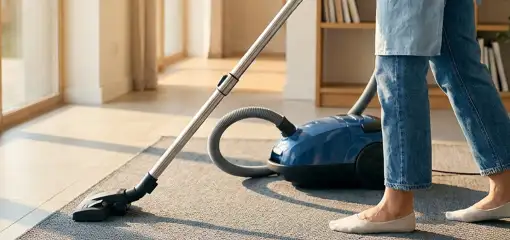 Person vacuuming a living room rug with a canister vacuum cleaner near large windows, Orlando, FL.